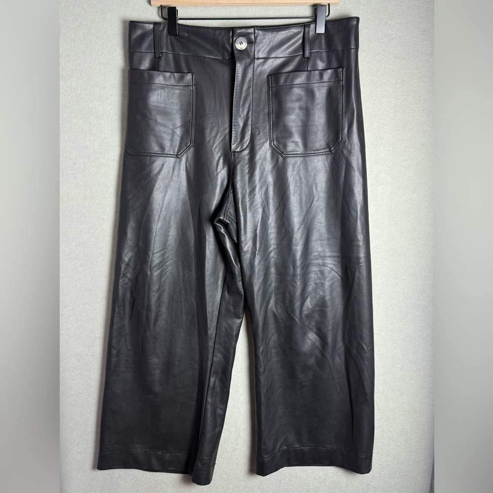 Anthropologie Maeve The Colette Cropped Wide Leg Faux Leather Pant In Black 32P